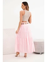 Dámska maxi bavlnená sukňa s čipkovou výšivkou a elastickým pásom candy pink