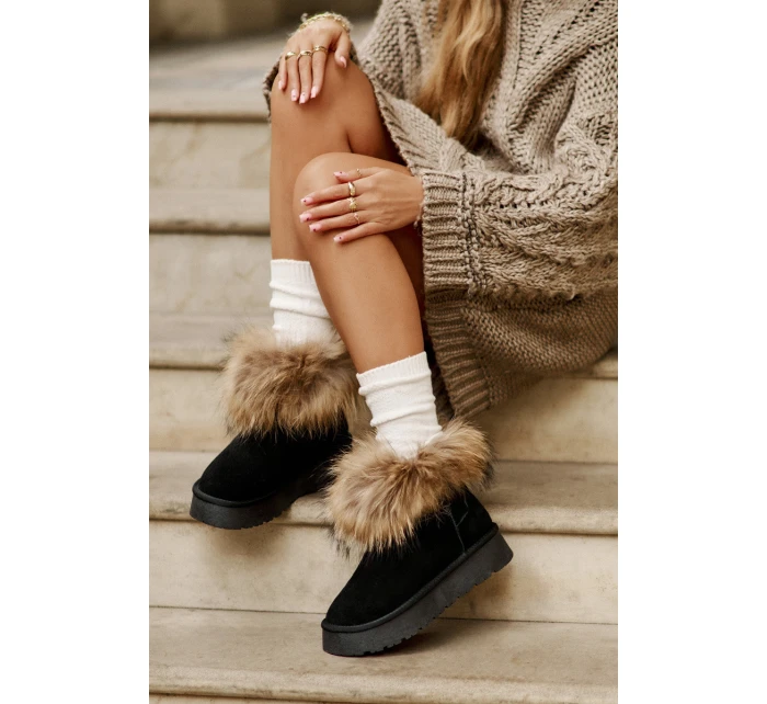 Skórzane Śniegowce Na Platformie Z Futerkiem Czarne Avirisa