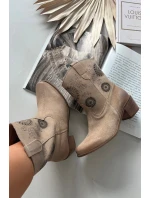 Zamszowe Skórzane Botki Damskie Ażurowe Na Obcasie Zazoo 3844 Beżowe