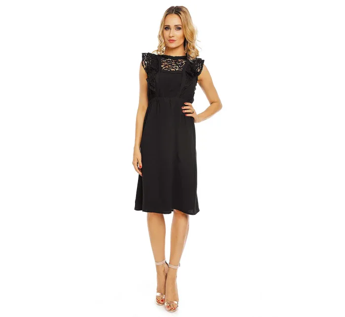 Dámske šaty s čipkovaným rukávom stredne dlhé čierne - Čierna - Elli White