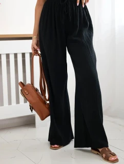 Mušelínové nohavice so širokými nohavicami čiernej farby