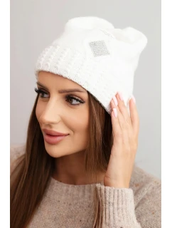 Dámska zimná vlnená čiapka s kryštálmi a vzorom K455 ecru