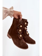 Zamszowe Botki Damskie Z Ozdobnymi Kwiatkami Zazoo 3085 Brązowe