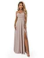 589-4 Dlhé šaty s jemnými trblietkami a korzetovým viazaním vzadu - béžovo-ružové s trblietkami