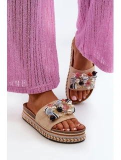 Klapki Damskie Na Platformie Z Ozdobami S.Barski HY077 Beżowe