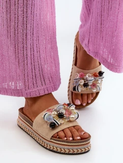 Klapki Damskie Na Platformie Z Ozdobami S.Barski HY077 Beżowe