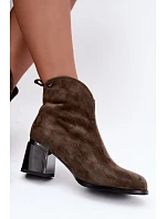 Kožené semišové kotníkové boty na podpatku model 22391083 Khaki - VINCEZA