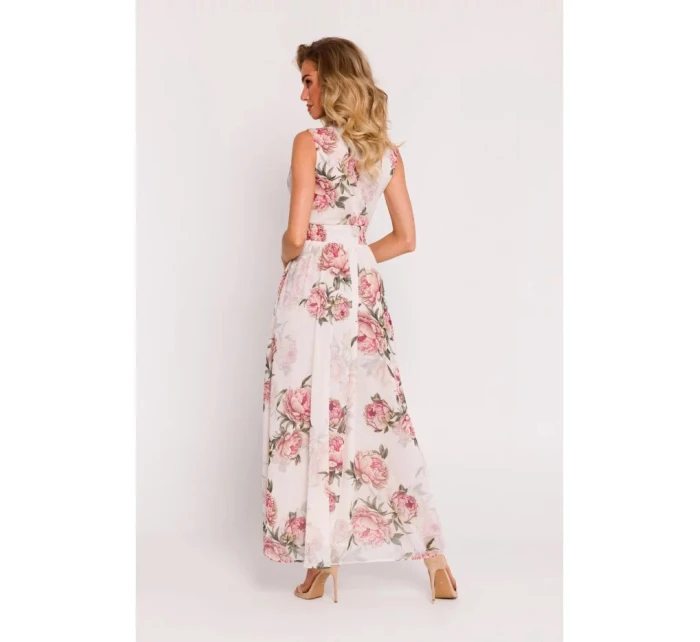 Dámské šifonové šaty model 21105543 model 2 Ecru s květy - Moe