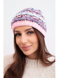 Dámska zimná čiapka s farebnou priadzou a elastickou šnúrkou K352 svetloružová+fialová+modrá