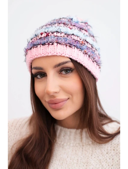 Dámska zimná čiapka s farebnou priadzou a elastickou šnúrkou K352 svetloružová+fialová+modrá