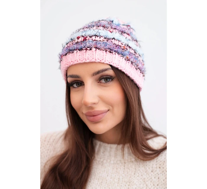 Dámska zimná čiapka s farebnou priadzou a elastickou šnúrkou K352 svetloružová+fialová+modrá