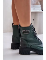 Zazoo 60486 Skórzane Botki Workery Ocieplane Ciemnozielone