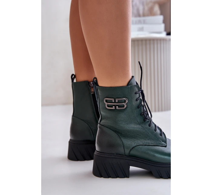 Zazoo 60486 Skórzane Botki Workery Ocieplane Ciemnozielone