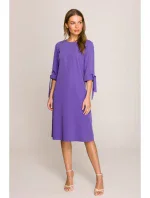 S393 Šaty áčkového strihu so zaväzovacími rukávmi - fialové