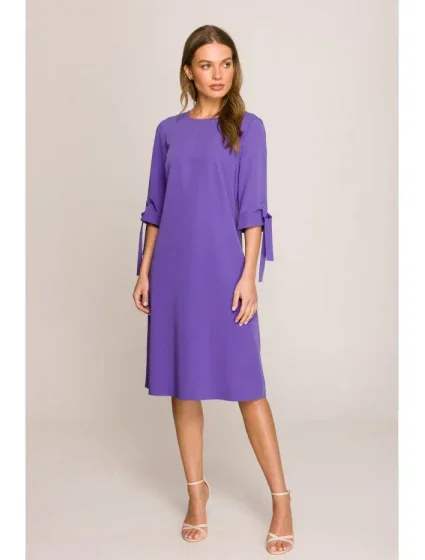 S393 Šaty áčkového strihu so zaväzovacími rukávmi - fialové