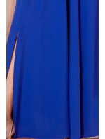 LIDIA - Dlhé dámske šaty v nevädzovej farbe s výstrihom a volánikmi 310-3