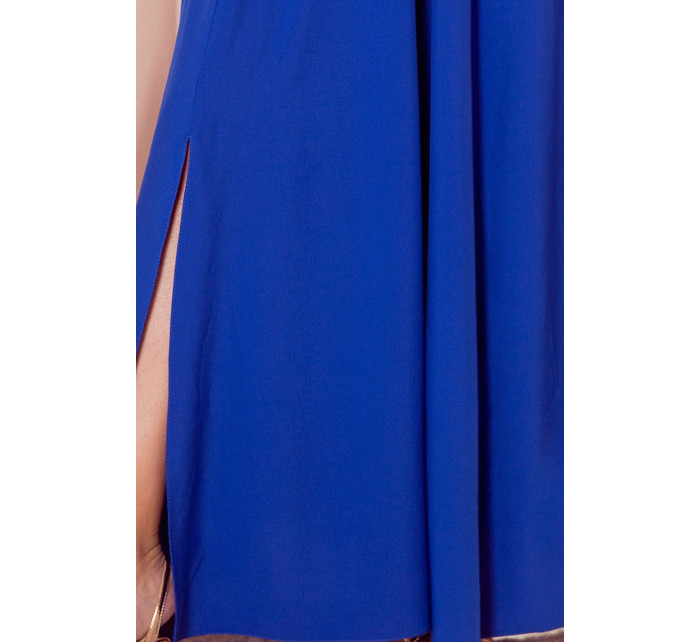 LIDIA - Dlhé dámske šaty v nevädzovej farbe s výstrihom a volánikmi 310-3