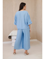Viskózový komplet halenka + kalhoty se širokými nohavicemi modrý