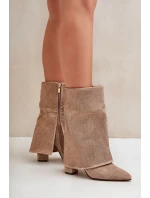 Zdobione Błyszczące Botki Z Wywiniętą Cholewką Na Słupku Ocieplane Beżowe Xistaria