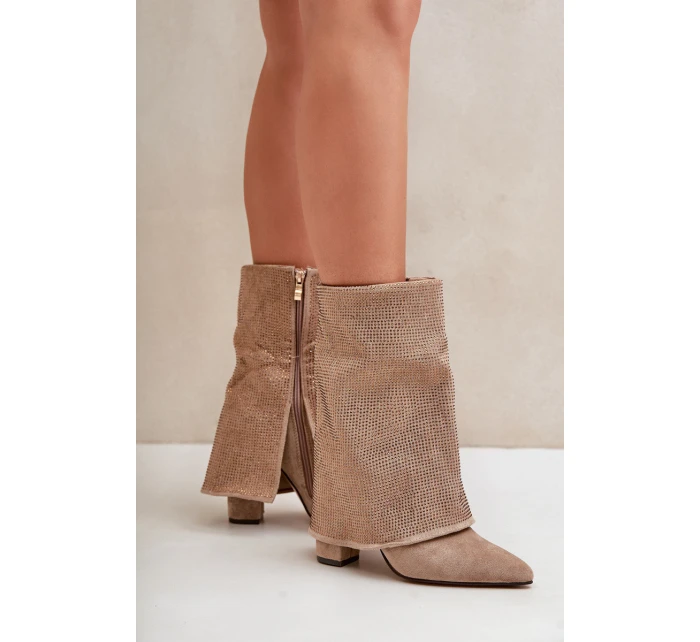 Zdobione Błyszczące Botki Z Wywiniętą Cholewką Na Słupku Ocieplane Beżowe Xistaria