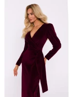 M828 Zamatové maxi šaty s hlbokým výstrihom do V - bordové