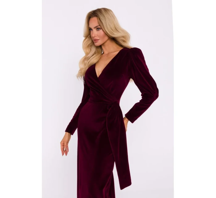 M828 Zamatové maxi šaty s hlbokým výstrihom do V - bordové