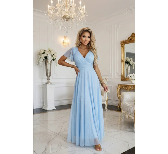 dlouhé třpytivé šaty s výstřihem a krátkými rukávy modré model 22017314 - numoco basic