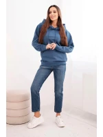 Dámska mikina s kapucňou a klokaním vreckom bavlnená džínsová modrá