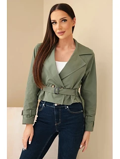 Dámská krátká model 22293776 viskózová bunda s páskem a klopami khaki - K-Fashion