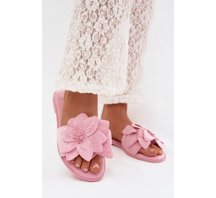 Dámské ploché pantofle s ozdobnými květinami Růžové Elzoria