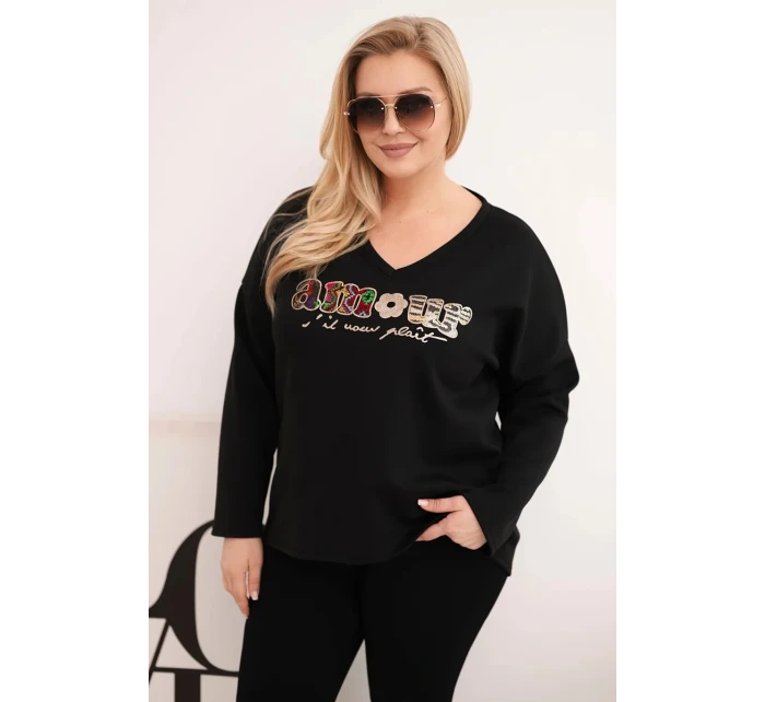 Dámská mikina Plus Size s nápisem a výstřihem do V černá