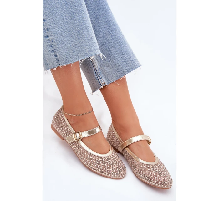 Zdobione Baleriny Damskie Z Paskiem I Klamrą Złote Avirae Zdobione Baleriny Damskie Z Paskiem I Klamrą Złote Avirae