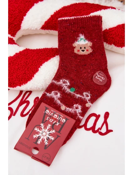 Dětské Vánoční Ponožky S Medvídkem Alpaka Vlna Červené