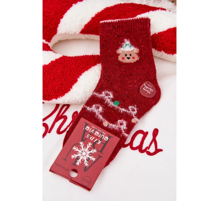 Dětské Vánoční Ponožky S Medvídkem Alpaka Vlna Červené