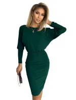 LARA - Dámske šaty vo fľaškovo zelenej farbe so sťahovacími lemami na rukávoch 399-2 LARA - Dámske šaty vo fľaškovo zelenej farbe so sťahovacími lemami na rukávoch 399-2