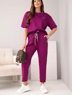 Dámský komplet viskózový máslo s krátkým rukávem a kalhotami s ohrnutým nohavicí tmavě fialový