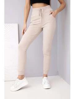 Dámské teplákové kalhoty s vysokým pasem a šňůrkou béžové