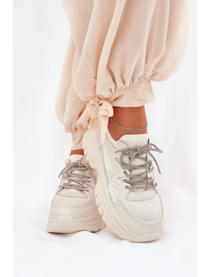 Dámské tenisky na platformě s ozdobným šněrováním béžové model 21690416 - Boto
