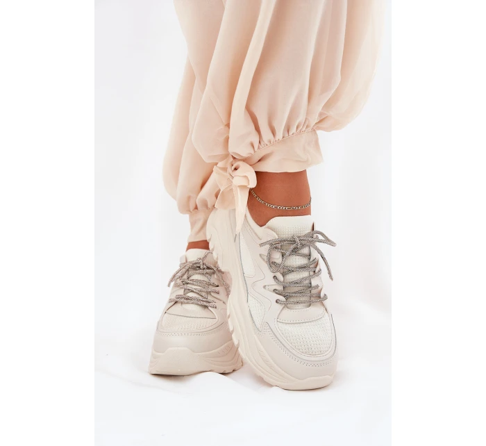 Dámské tenisky na platformě s ozdobným šněrováním béžové model 21690416 - Boto