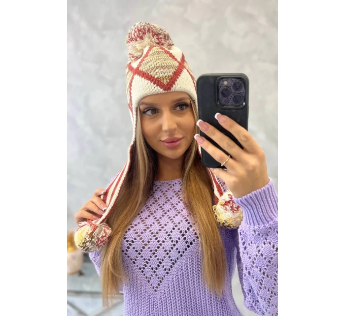 Dámska klapka na uši Eunika K322 ecru+red