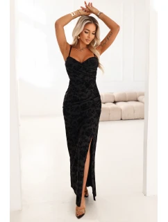 Přiléhavé maxi šaty s obálkovým výstřihem a rozparkem černé s vzorem model 21859673 - numoco basic