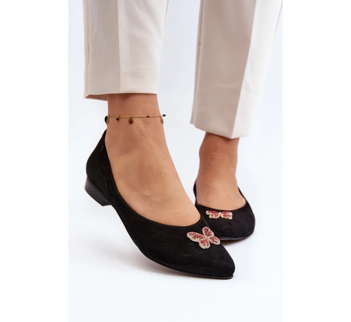 Zazoo 2887 Zamszowe Baleriny Z Ozdobnym Motylem Czarne