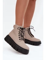 Skórzane Ocieplane Botki Damskie Na Platformie Vinceza 66803 Beżowe