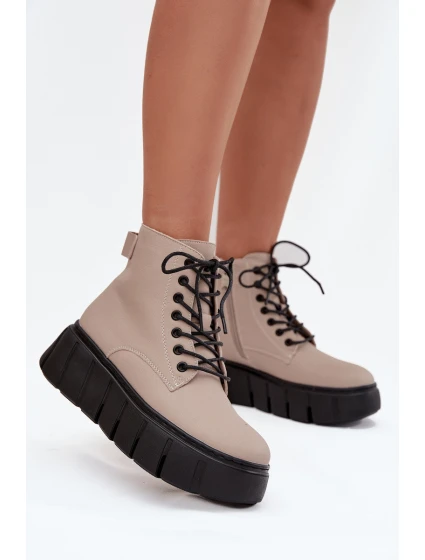 Skórzane Ocieplane Botki Damskie Na Platformie Vinceza 66803 Beżowe