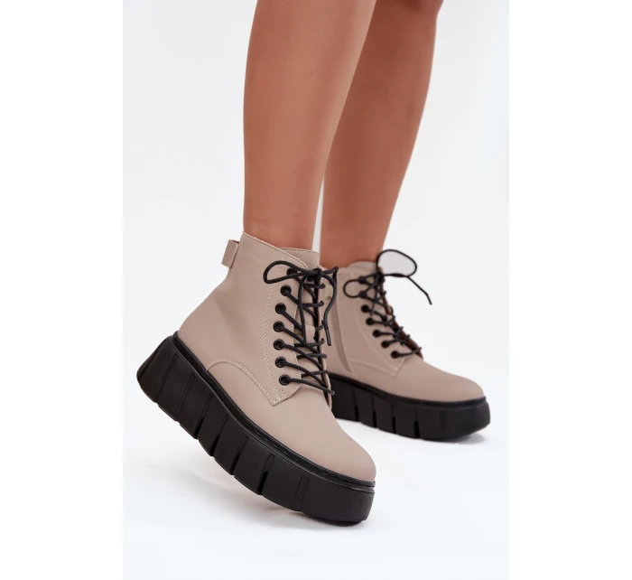 Skórzane Ocieplane Botki Damskie Na Platformie Vinceza 66803 Beżowe