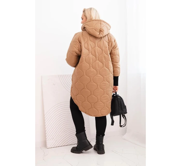 Dámská zimní bunda Plus Size prošívaná s kapucí camelová