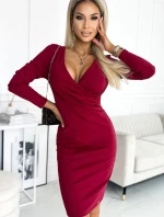398-2 Elegantné bavlnené šaty s obálkovým výstrihom a dlhými rukávmi - Bordeaux
