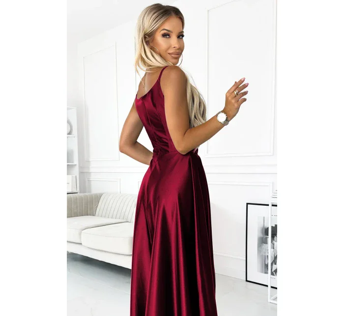 299-13 CHIARA elegantné maxi dlhé saténové šaty bez ramienok - BROAD