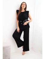 Dámska plisovaná súprava z viskózy s uzlovou blúzkou a širokými nohavicami čierna