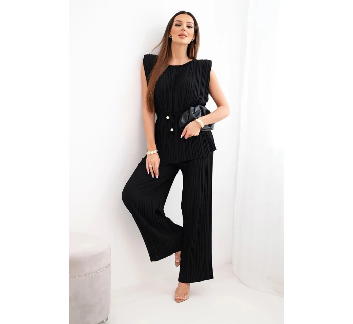 Dámska plisovaná súprava z viskózy s uzlovou blúzkou a širokými nohavicami čierna